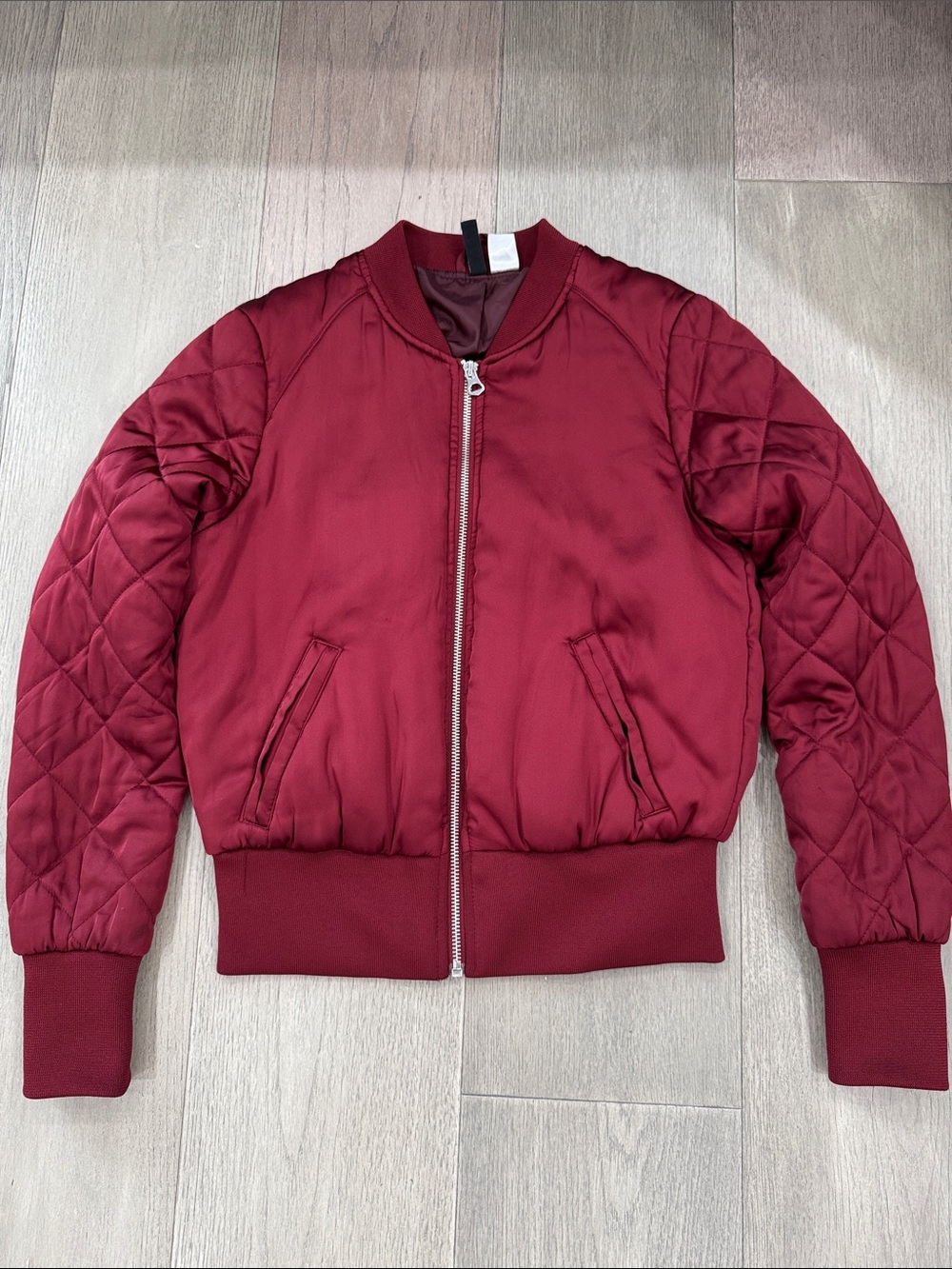H&M Quilted-Sleeve Bomber Jacket in Burgundy